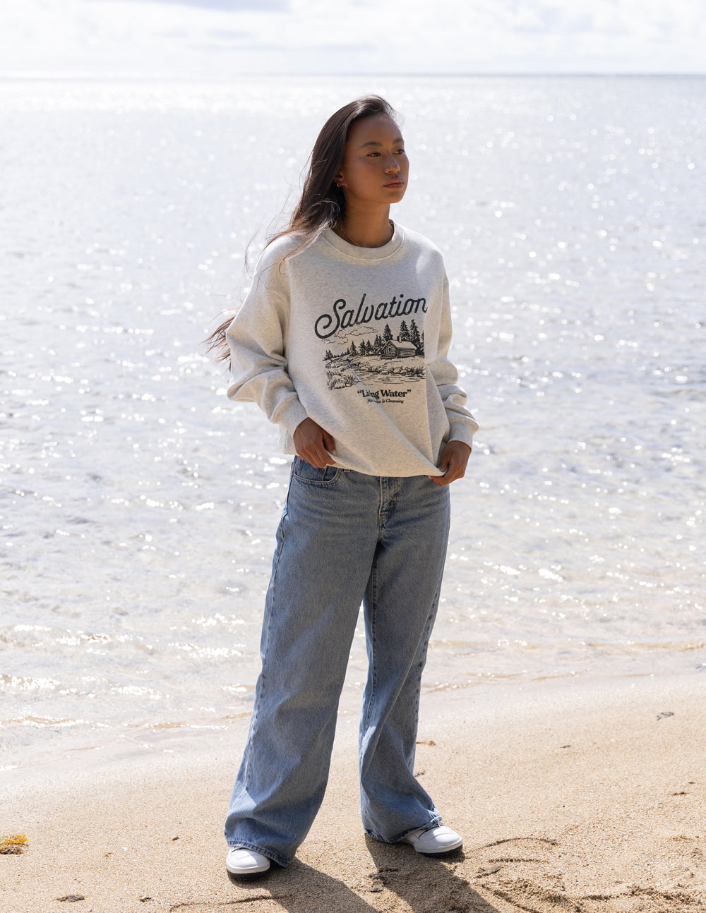 Elevated Faith Christian Crewneck Sweatshirt featuring a Salvation graphic on a beach setting