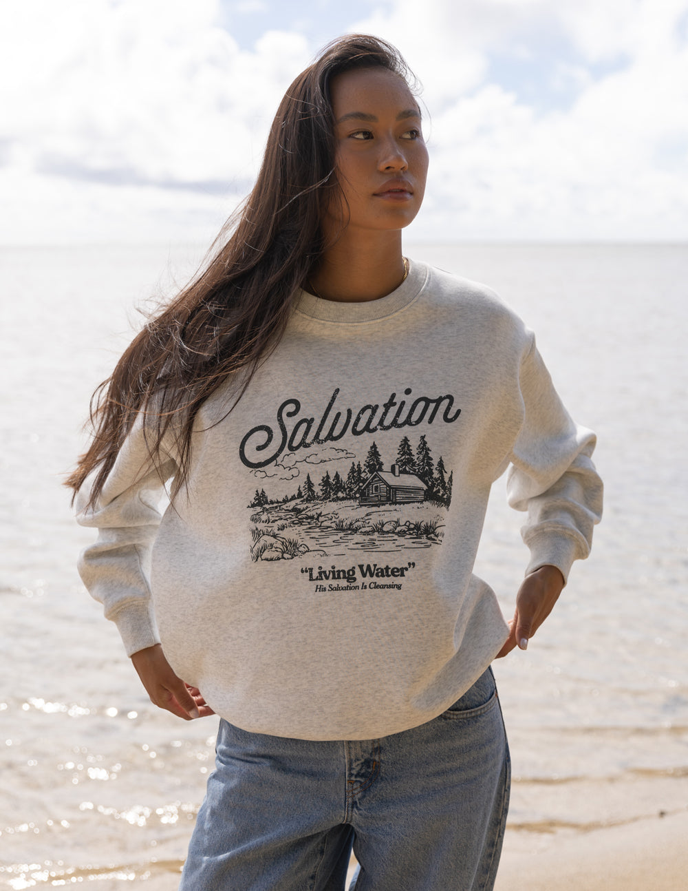 Gray Christian Crewneck Sweatshirt featuring a nature-inspired design with the word Salvation
