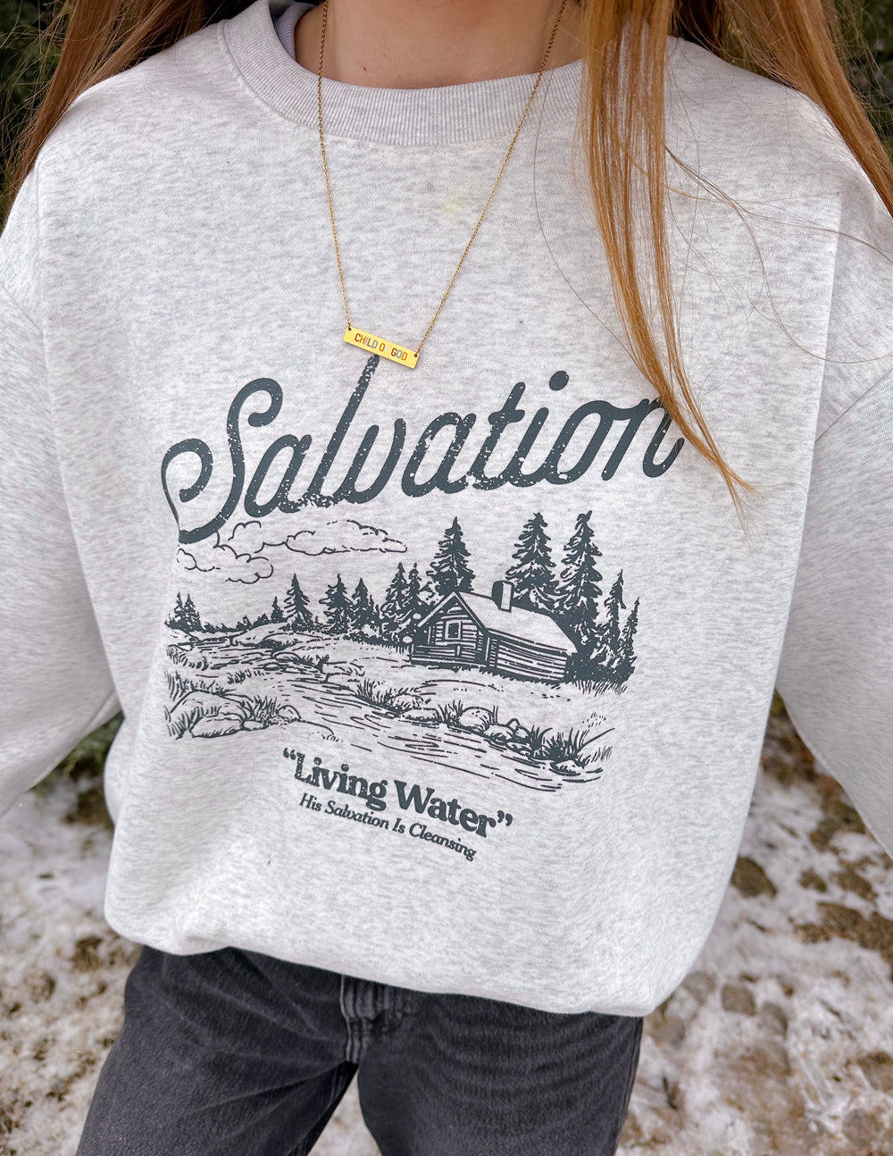 Christian Crewneck Sweatshirt featuring a rustic 'Salvation' graphic and cozy design