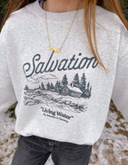 Christian Crewneck Sweatshirt featuring a rustic 'Salvation' graphic and cozy design