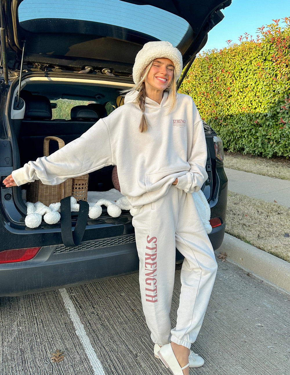 Elevated Faith Sweatpants in Cream featuring 'Strength' print, part of Christian Apparel collection