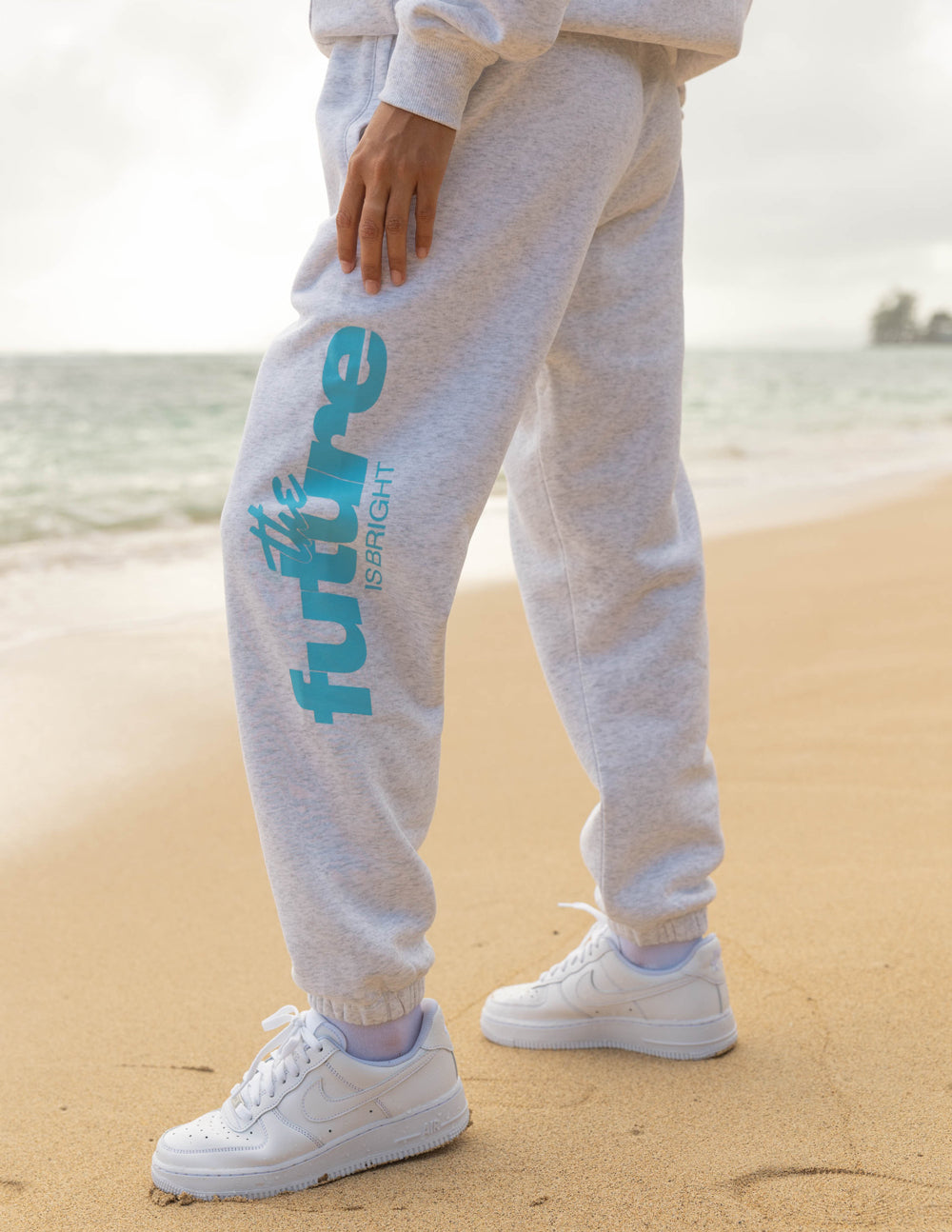 Elevated Faith Grey Sweatpants featuring 'The Future is Bright' print, a trendy choice in Christian Apparel