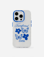 Elevated Faith Christian iPhone Case with blue butterfly designs and 'Transformed' text