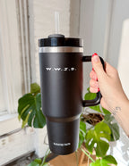 Elevated Faith W.W.J.D. Tumbler in Black, perfect for Christian gifts and everyday use