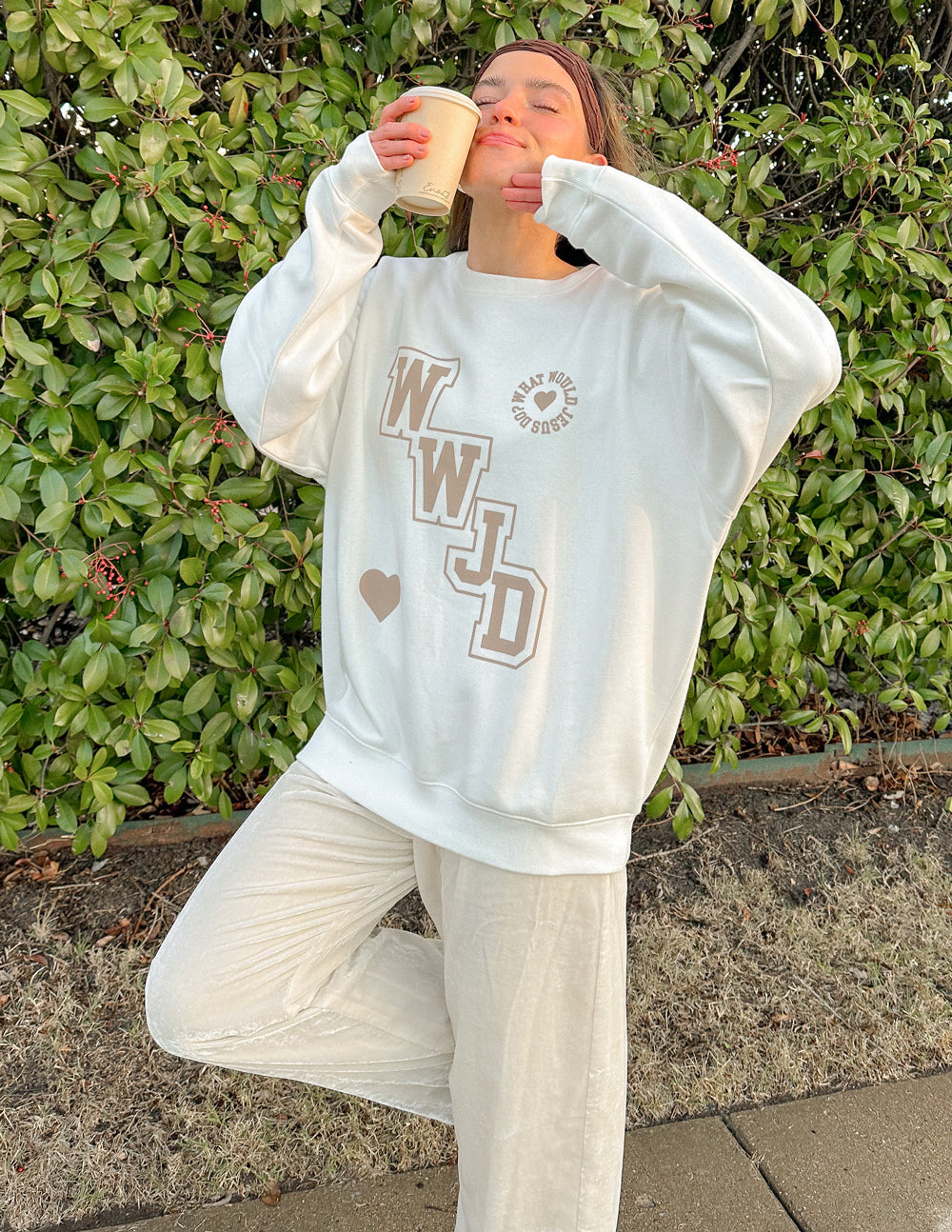 Cozy Elevated Faith Christian Crewneck Sweatshirt in white featuring WWJD design for everyday comfort