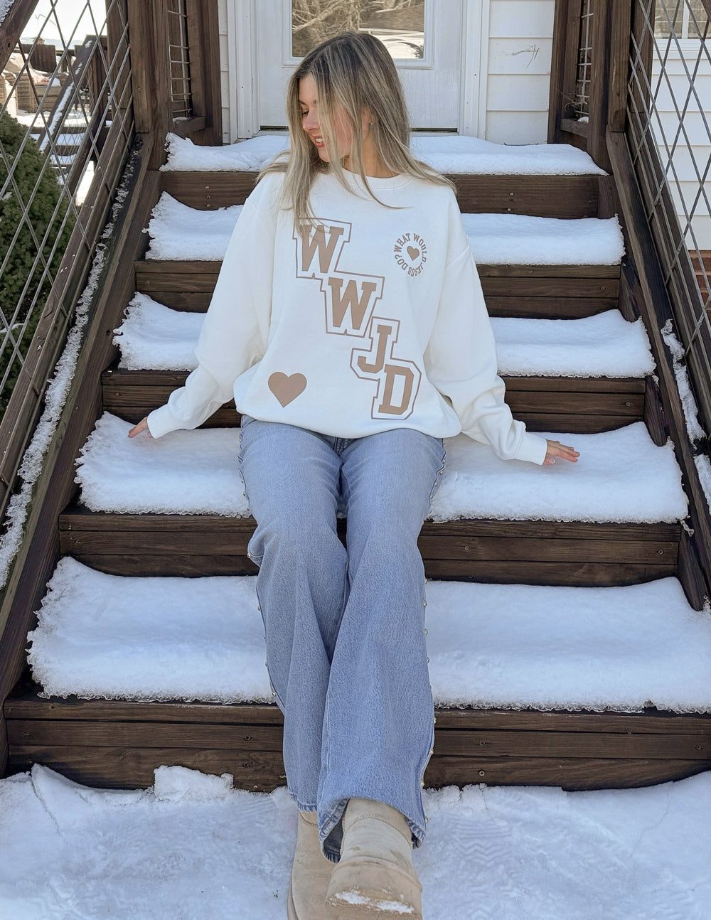 Elevated Faith Christian Crewneck Sweatshirt in white with WWJD graphic design, perfect for cozy casual wear