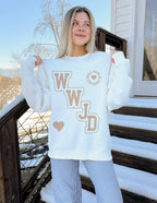 Elevated Faith Christian Crewneck Sweatshirt in White with WWJD Design for a Stylish Look