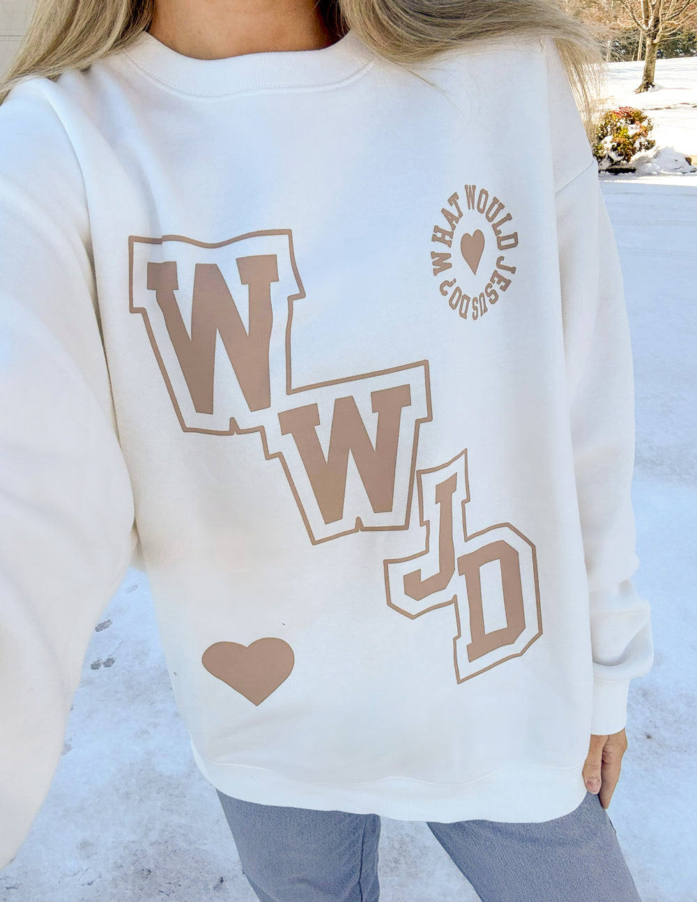 Elevated Faith Christian Crewneck Sweatshirt in White with 'What Would Jesus Do' Design