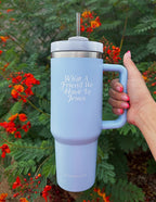Elevated Faith Tumbler in Light Blue with the phrase What A Friend We Have In Jesus, a perfect Christian Gifts option