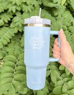 Elevated Faith Tumbler in Light Blue with Scripture Quote, Ideal for Christian Gifts