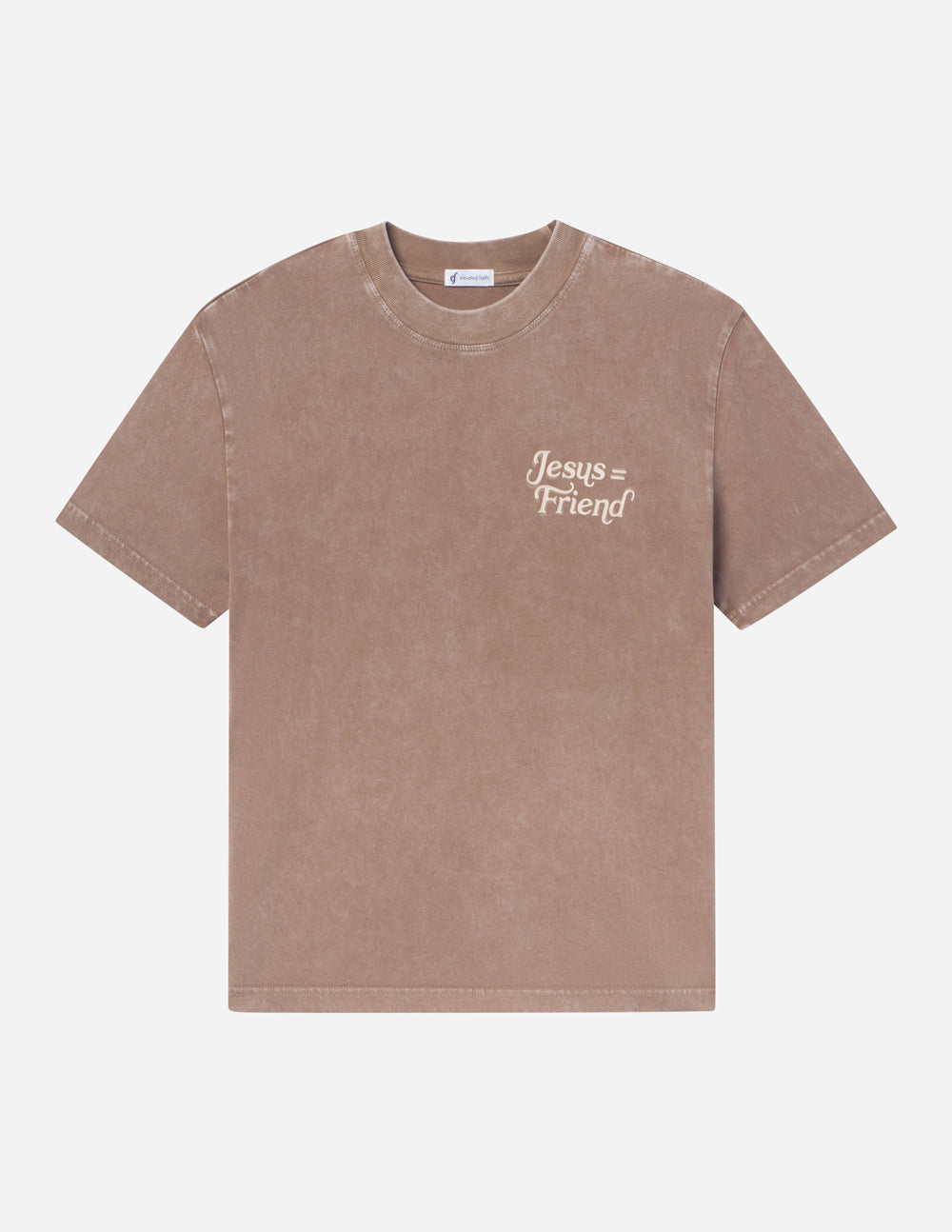 Elevated Faith Christian Apparel T-Shirt in taupe with 'Jesus = Friend' graphic on chest