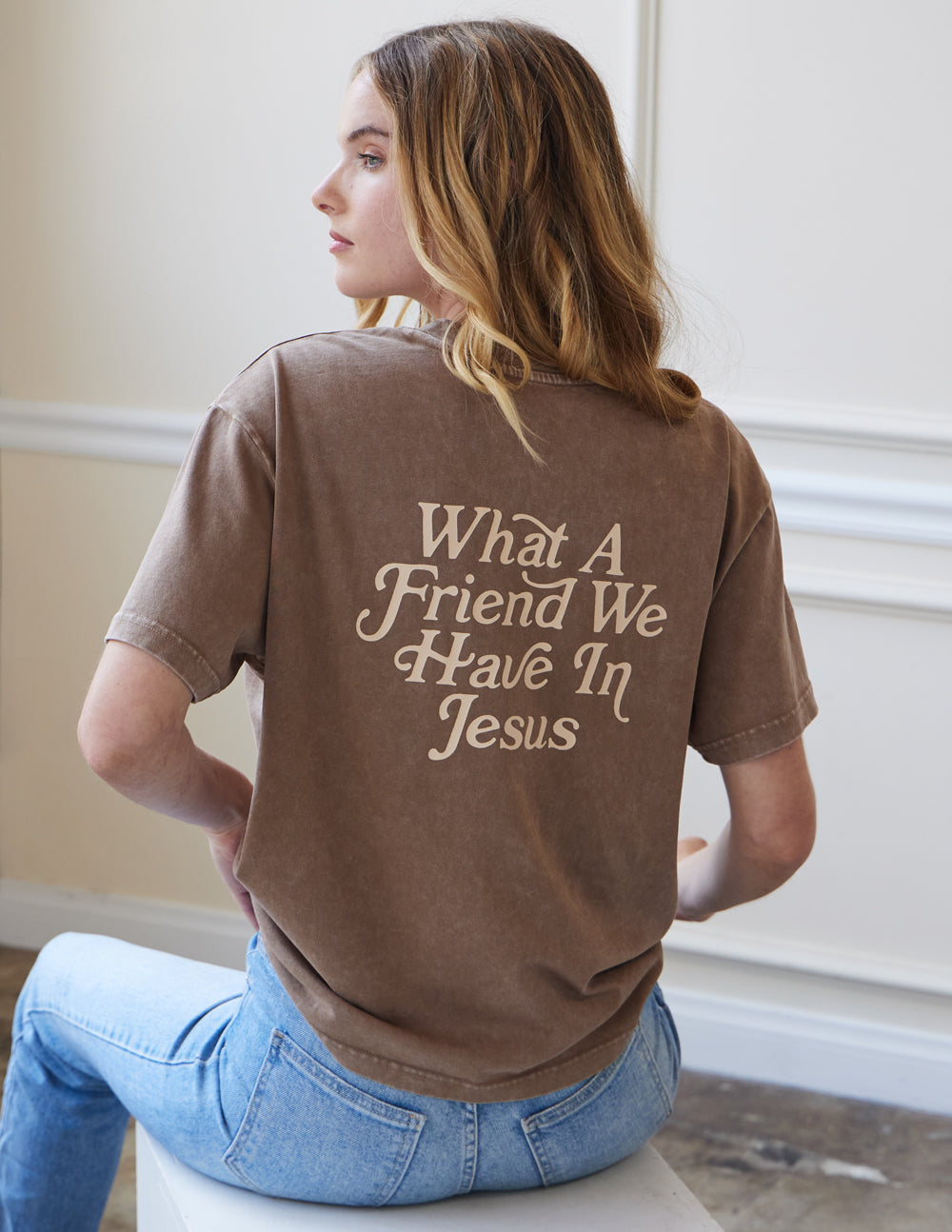 Brown Elevated Faith Christian Apparel T-Shirt featuring 'What A Friend We Have In Jesus' design
