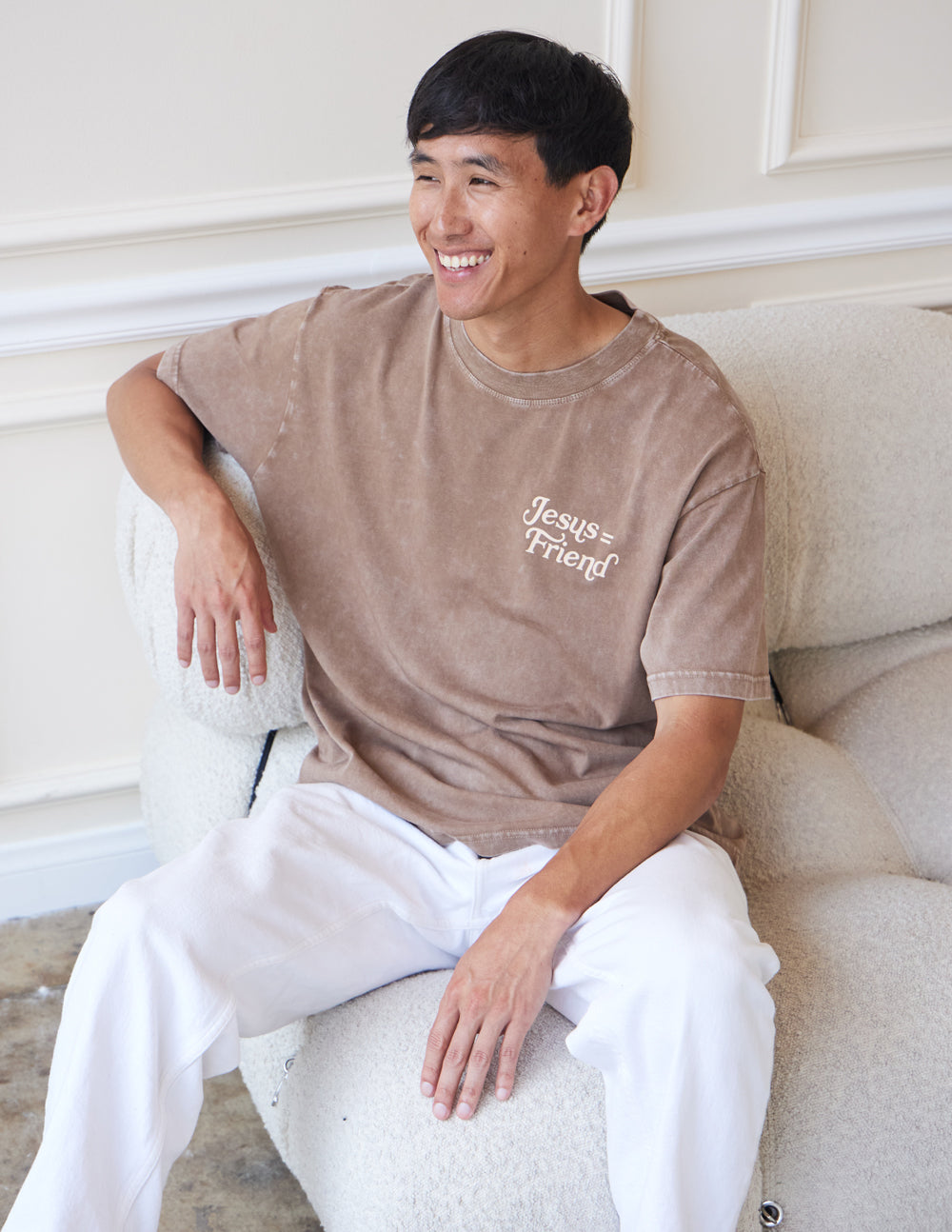 Elevated Faith Christian Apparel T-Shirt in brown featuring 'Jesus is Friends' design for casual wear