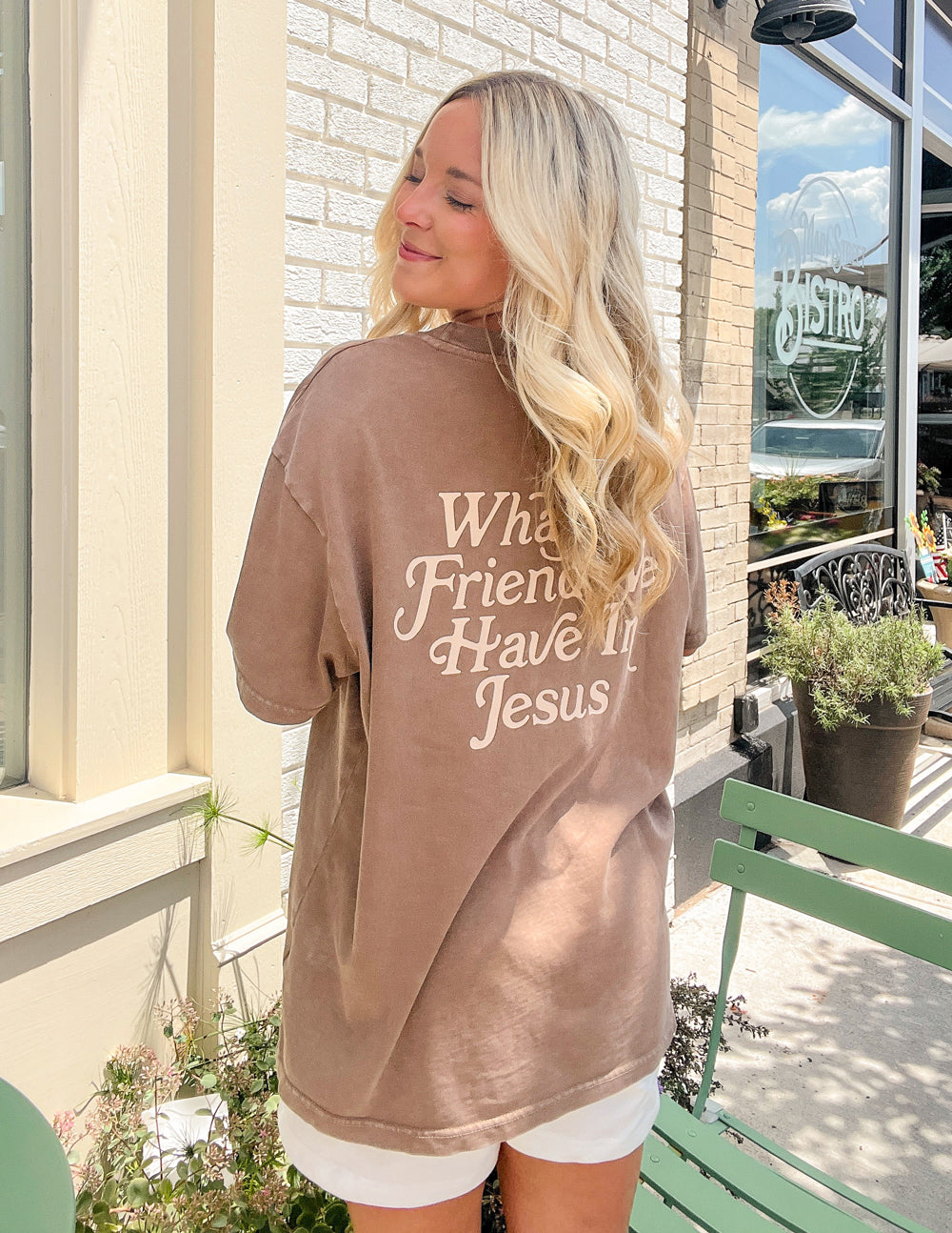 Elevated Faith Christian Apparel T-Shirt in brown featuring the text What Friends We Have in Jesus