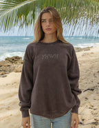 Elevated Faith Christian Crewneck Sweatshirt in dark brown with YHWH text design on a beach background