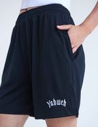 Elevated Faith Black Christian Shorts with a breathable mesh design and Yahweh embroidery