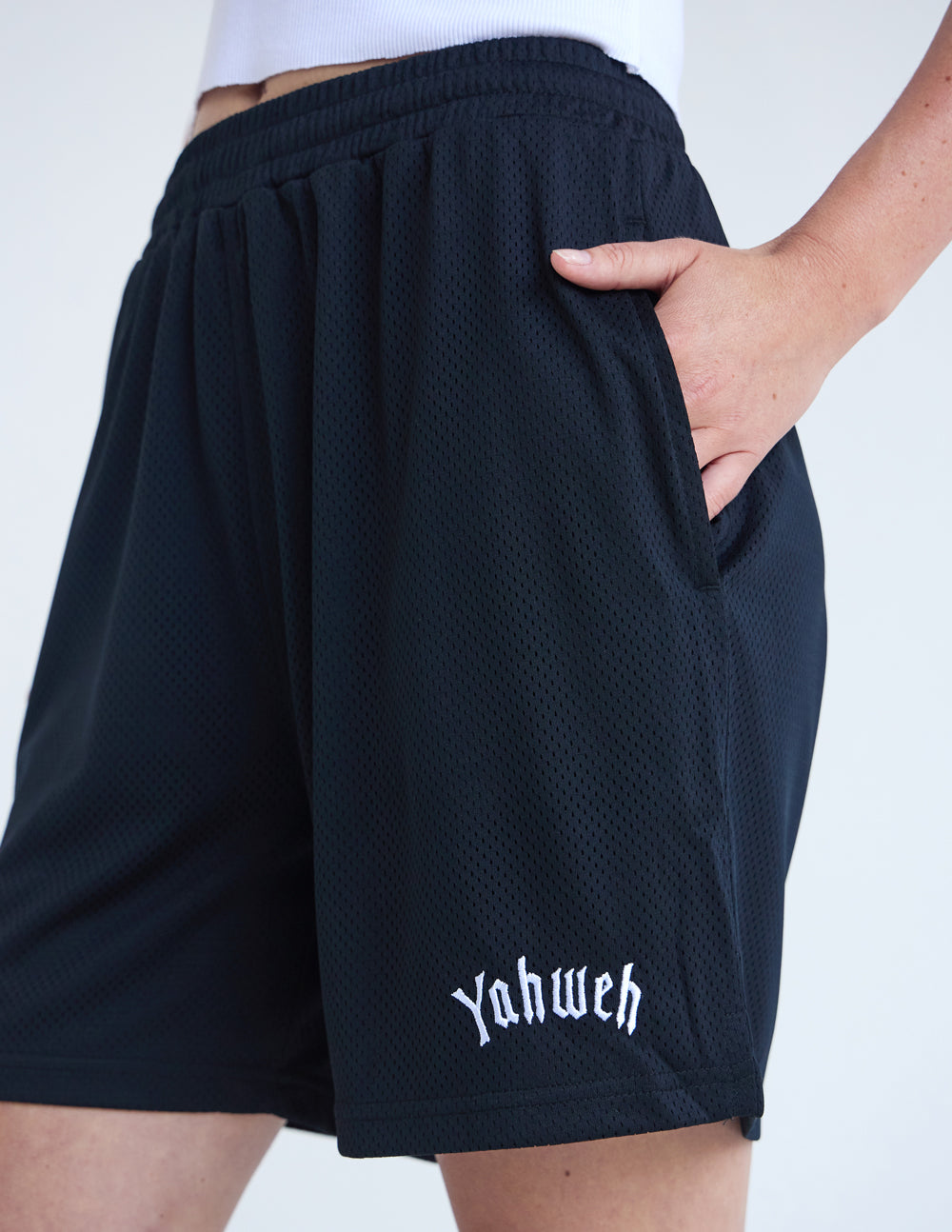 Elevated Faith Black Christian Shorts with a breathable mesh design and Yahweh embroidery