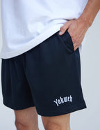 Elevated Faith Christian Shorts in Black featuring an embroidered Yahweh design and side pockets