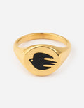 Gold ring featuring a black dove design, perfect for Christian Jewelry enthusiasts