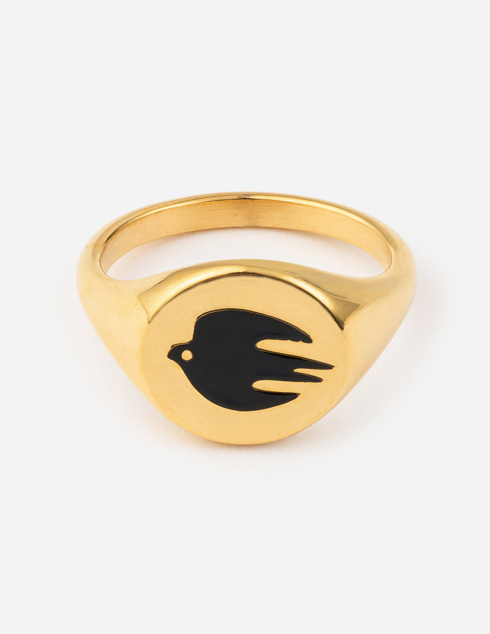 Gold ring featuring a black dove design, perfect for Christian Jewelry enthusiasts