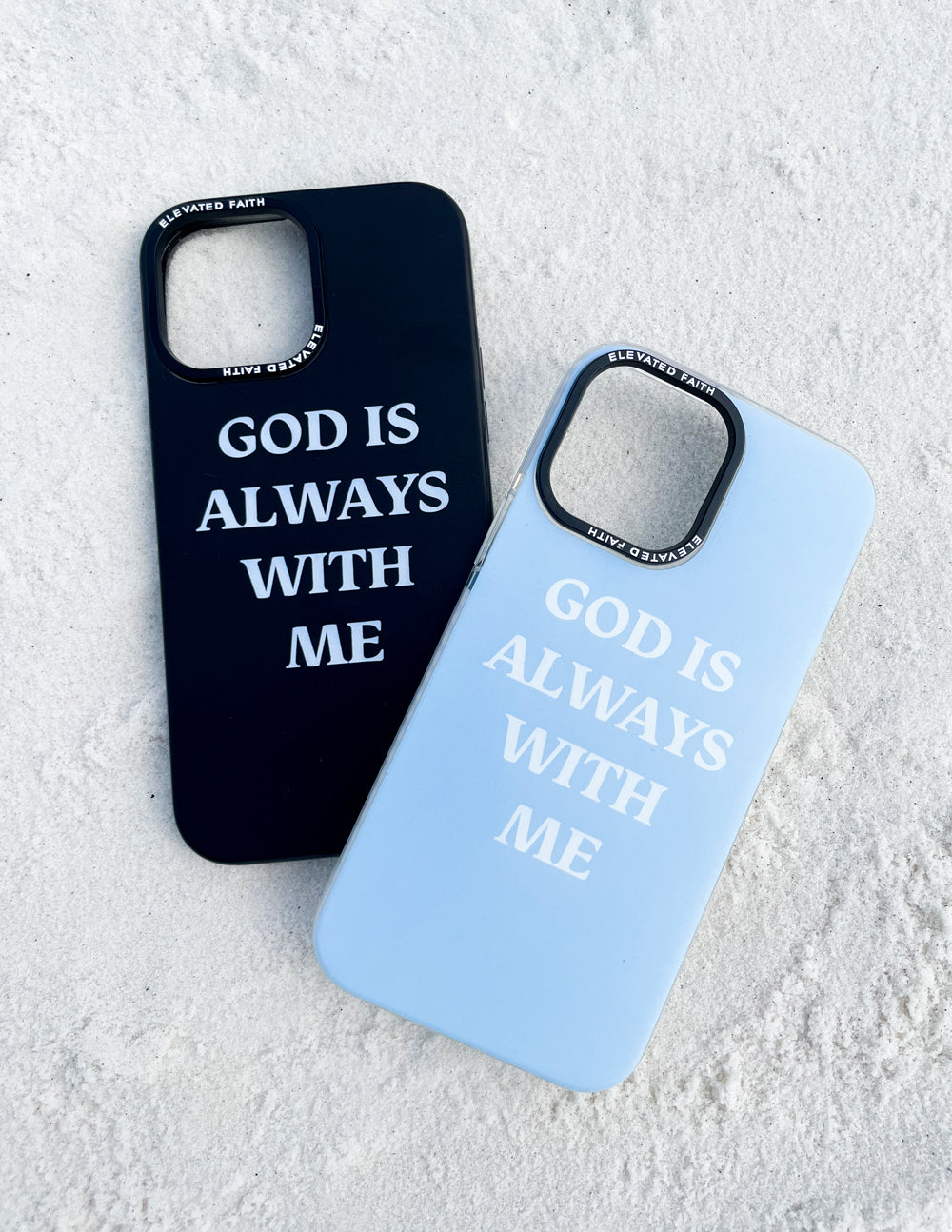 Two Elevated Faith Christian iPhone Cases in Black and Light Blue with motivational text