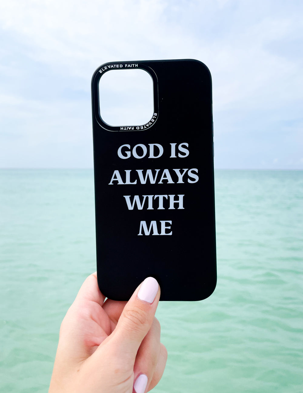 Elevated Faith Christian iPhone Case featuring the phrase God is Always With Me in white text