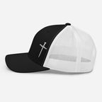 Christian Embroidered Hat with a black front and white mesh back for stylish faith-inspired wear