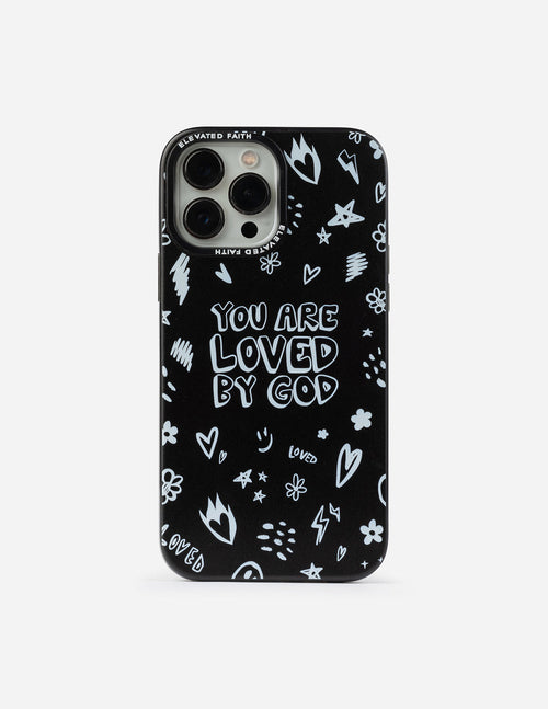 Elevated Faith Christian iPhone Case featuring a black background with inspirational white doodles