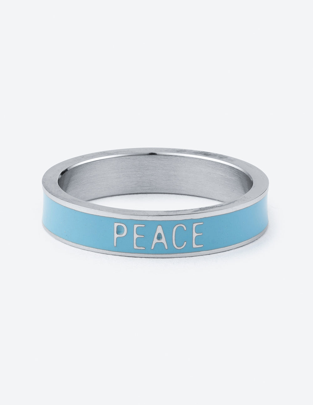 Elevated Faith Christian Jewelry Ring in Silver and Light Blue with Peace Engraving