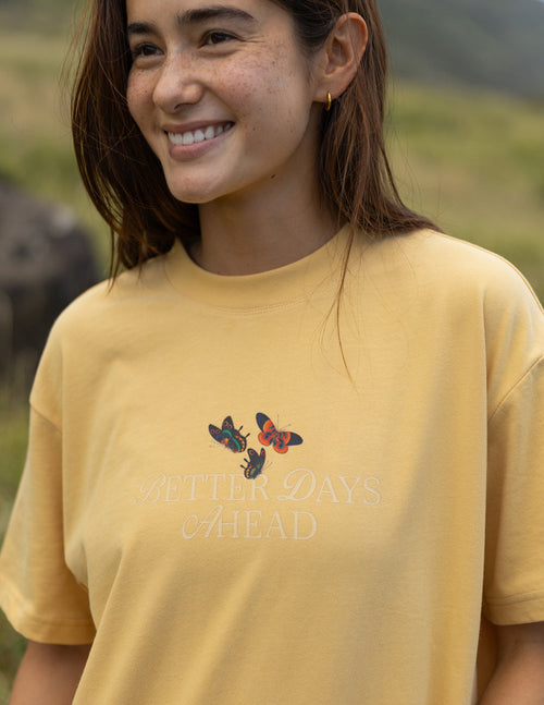 Elevated Faith Christian Apparel T-Shirt in yellow with butterfly design and 'Better Days Ahead' print