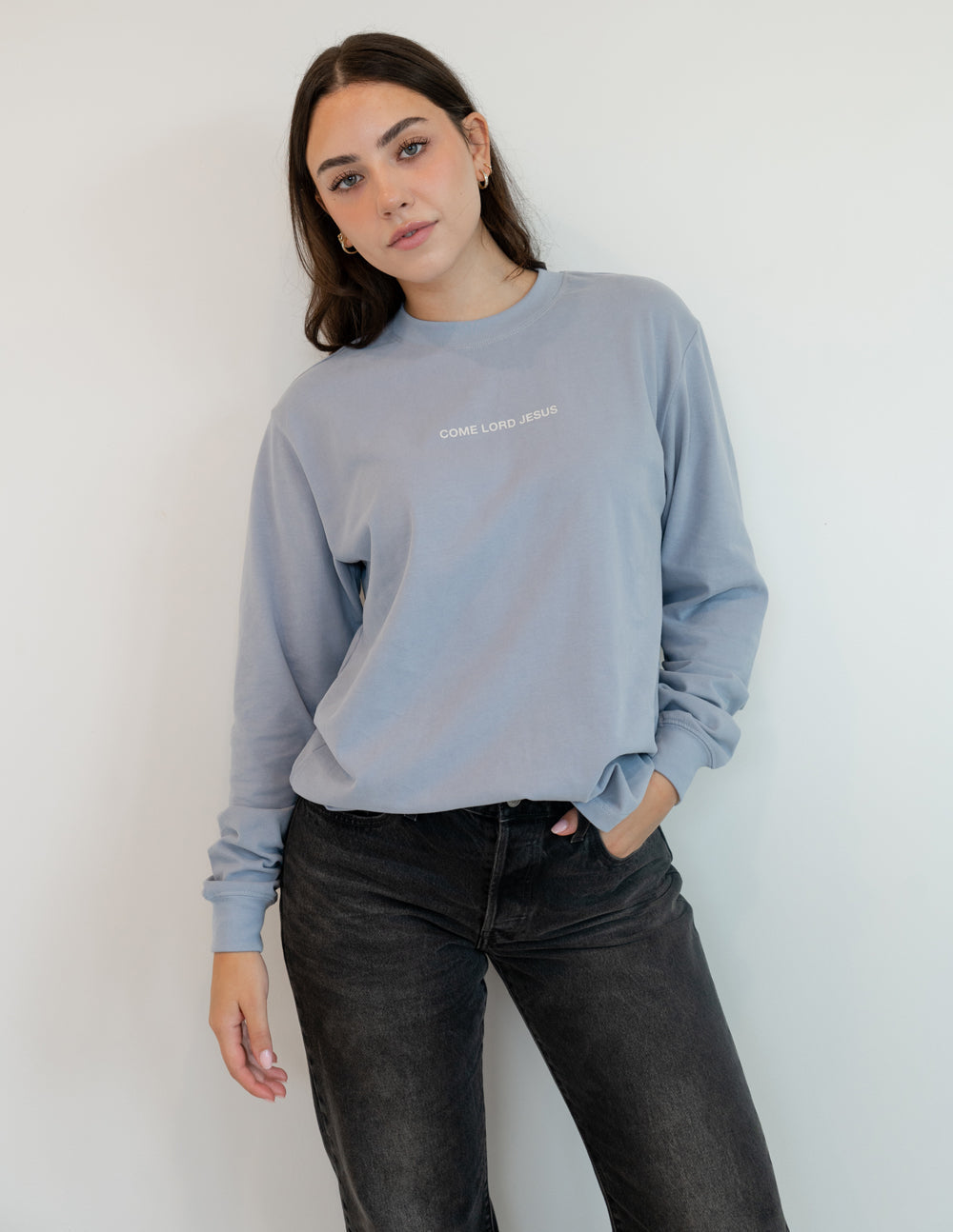 Elevated Faith Christian Apparel T-Shirt in light blue with 'Come Lord Jesus' text, perfect for casual wear