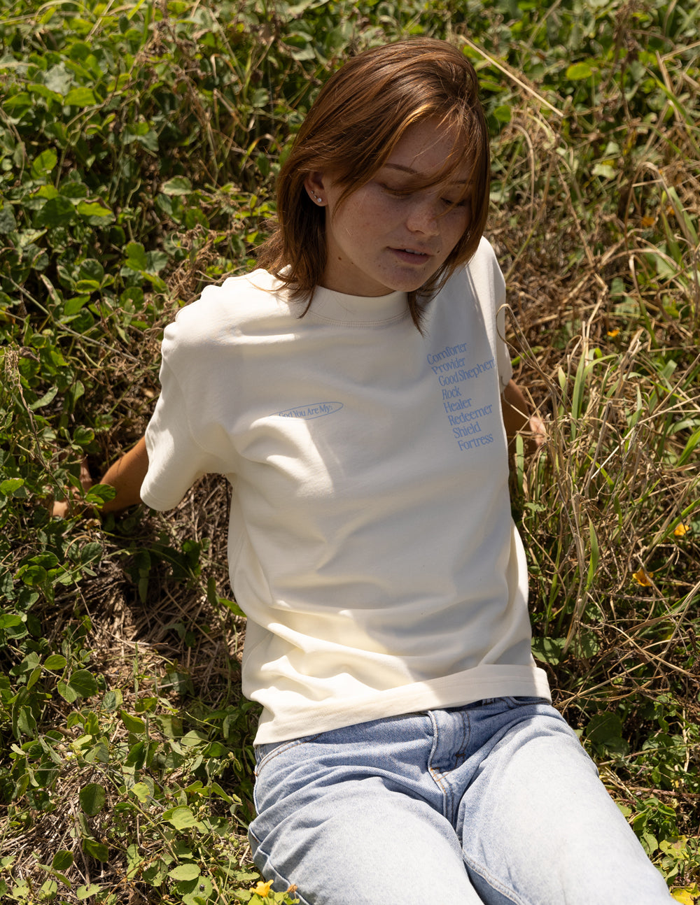 Elevated Faith Christian Apparel T-Shirt in cream with inspirational text design for everyday wear