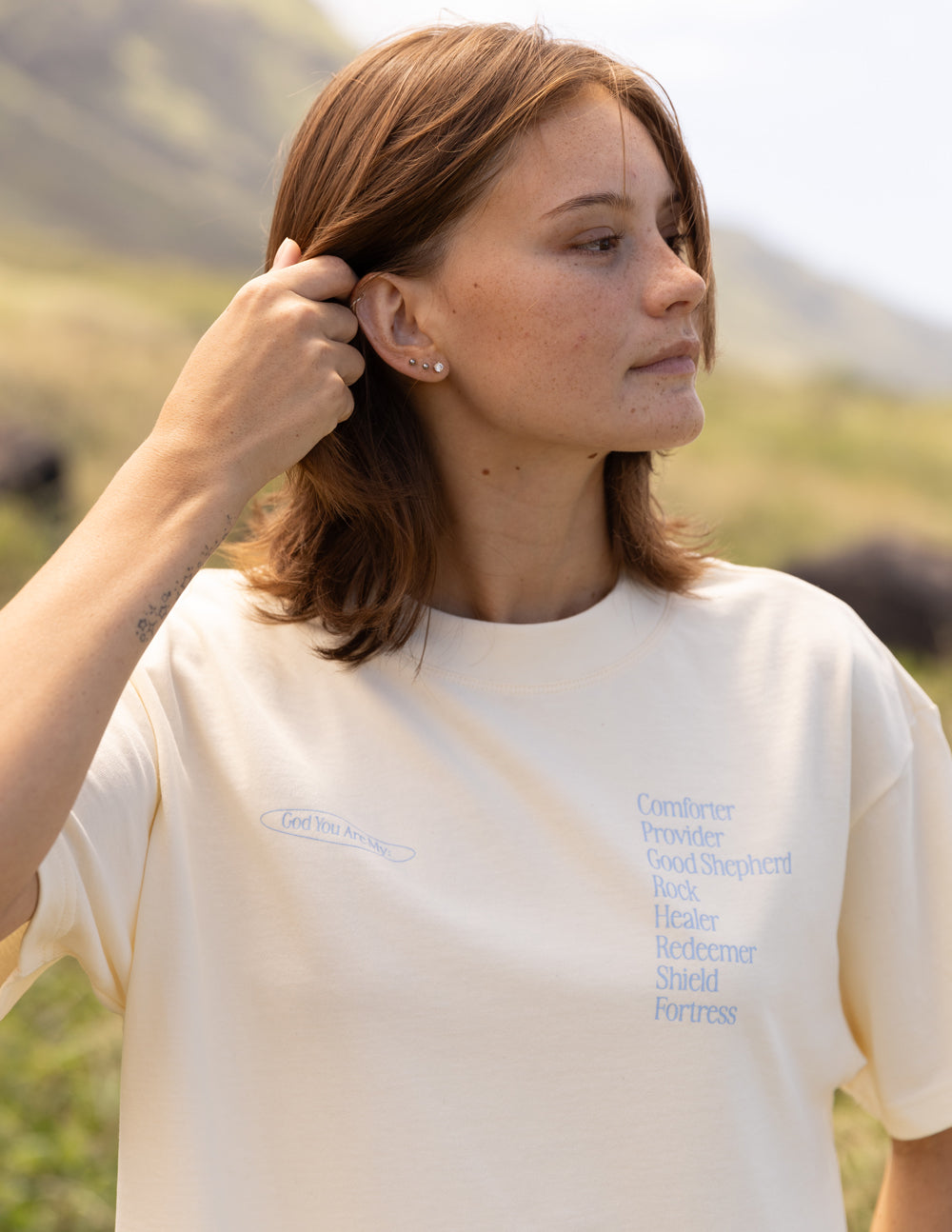 Elevated Faith Christian Apparel T-Shirt in light yellow featuring uplifting text design