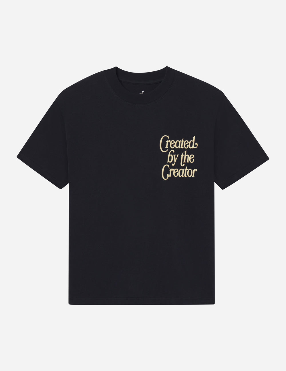 Black Christian Apparel T-Shirt featuring 'Created by the Creator' design on the front