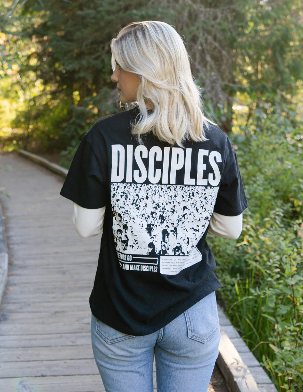 Elevated Faith Christian Apparel T-Shirt featuring 'Disciples' graphic on the back, perfect for casual wear