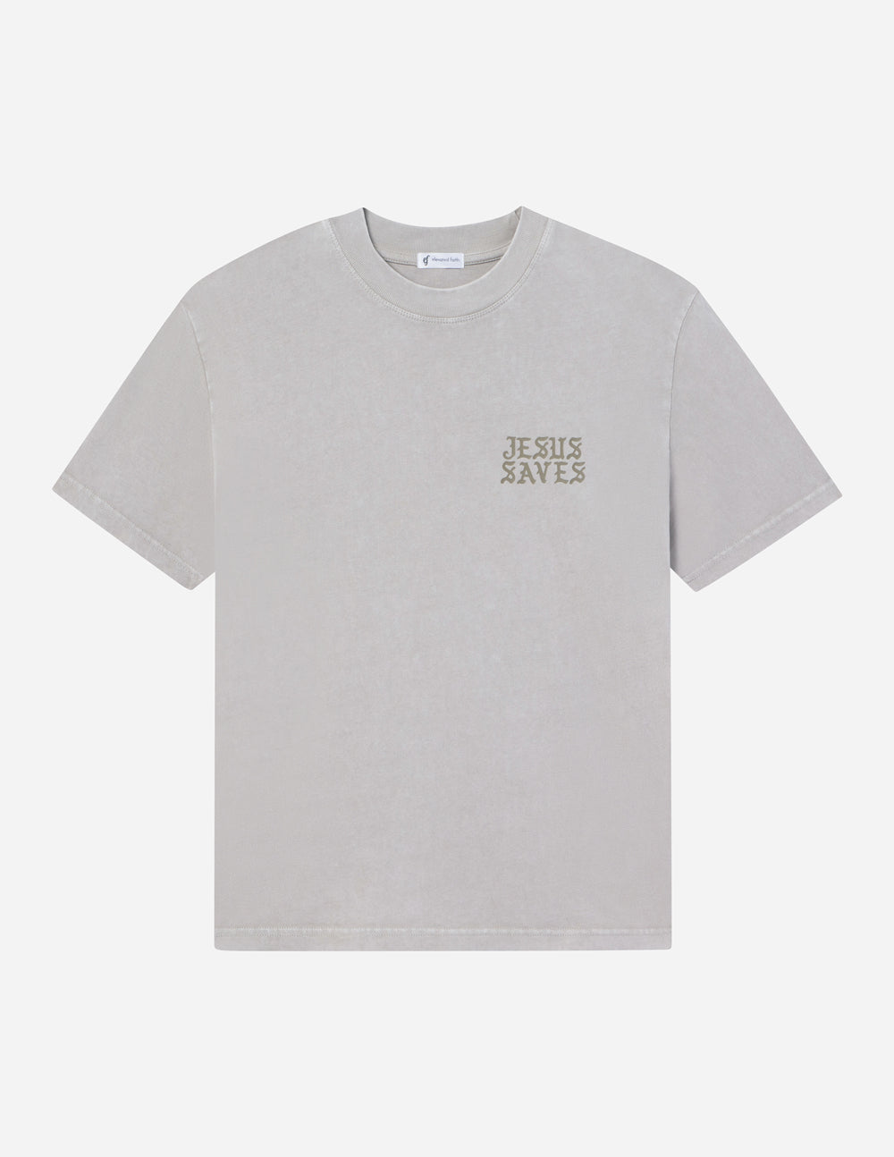 Elevated Faith Christian Apparel T-Shirt in light gray featuring 'Jesus Saves' text design
