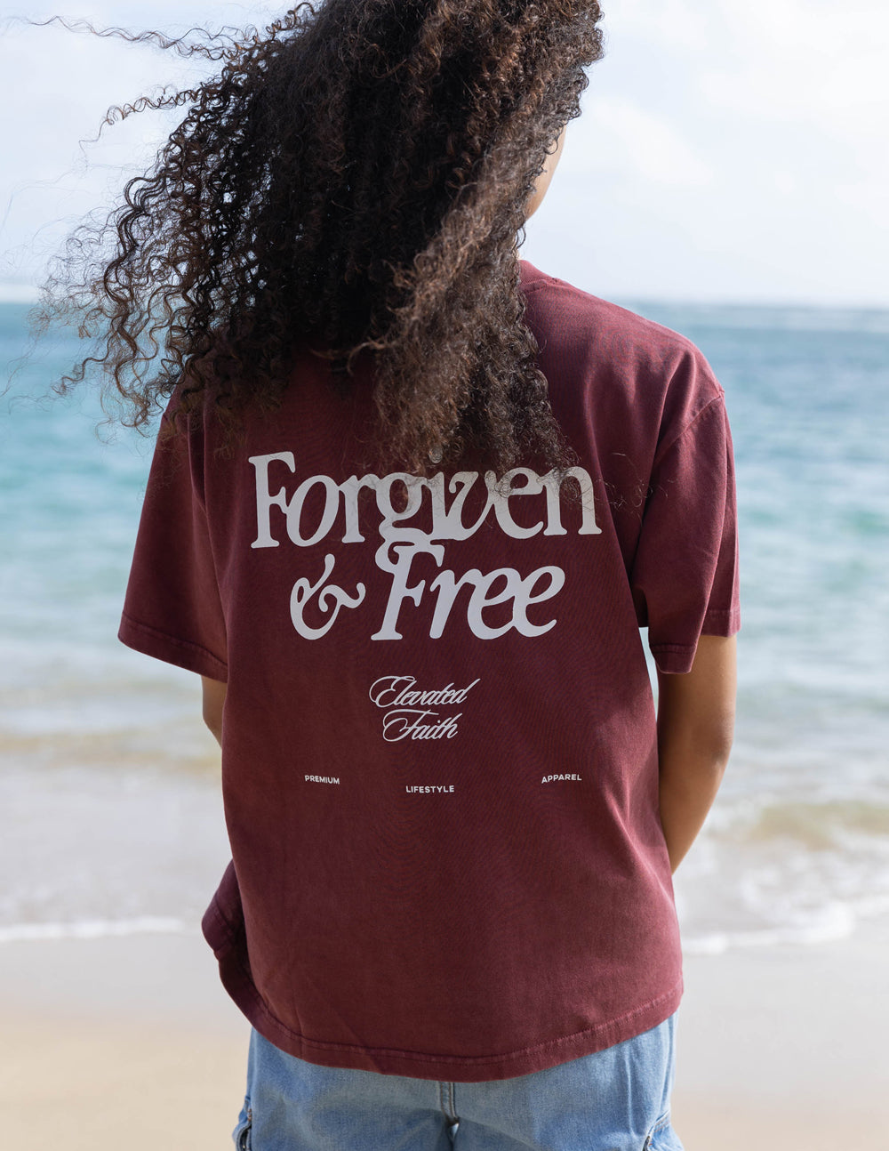 Elevated Faith Christian Apparel T-Shirt in Burgundy with 'Forgiven & Free' Print on Back
