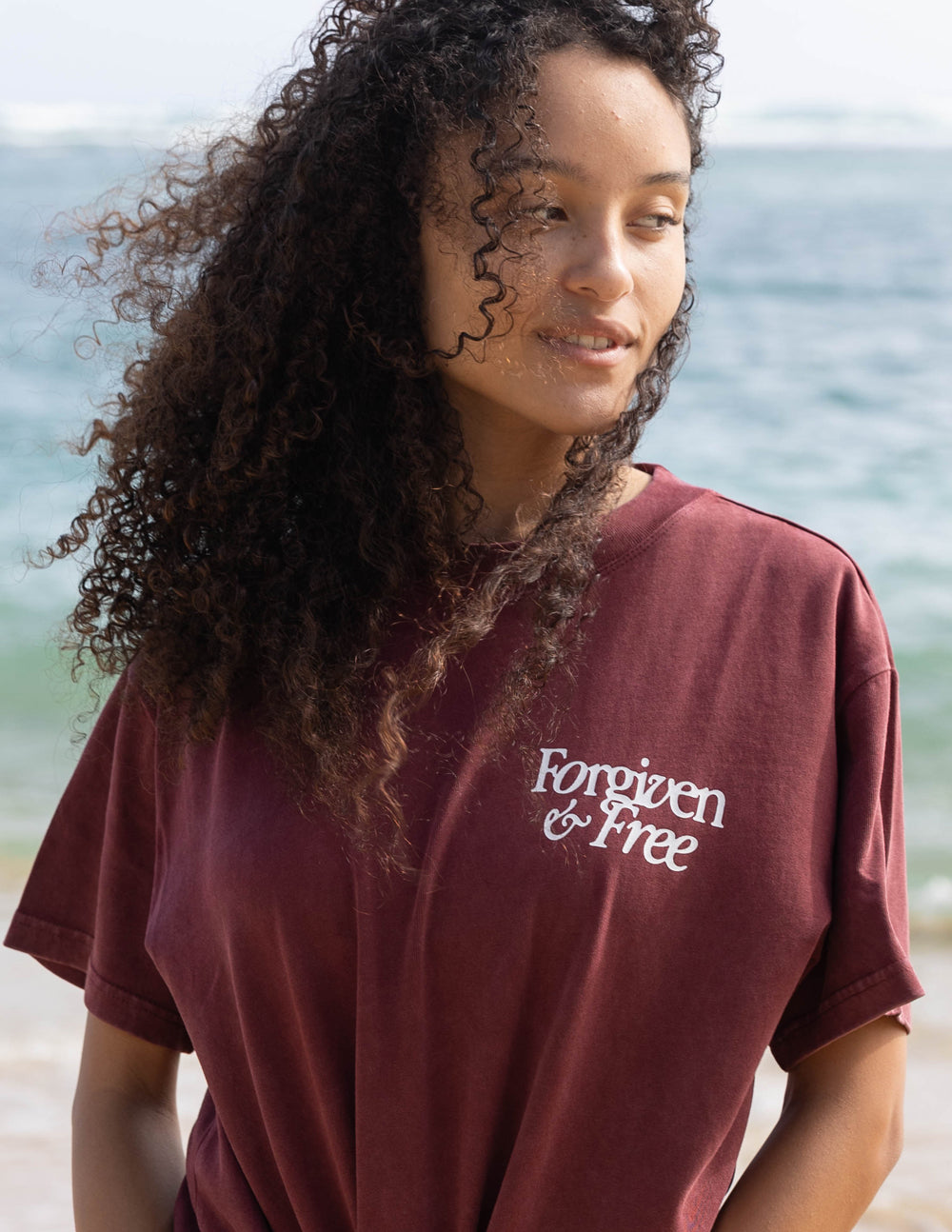 Elevated Faith Christian Apparel T-Shirt in burgundy with 'Forgiven & Free' design for a stylish look