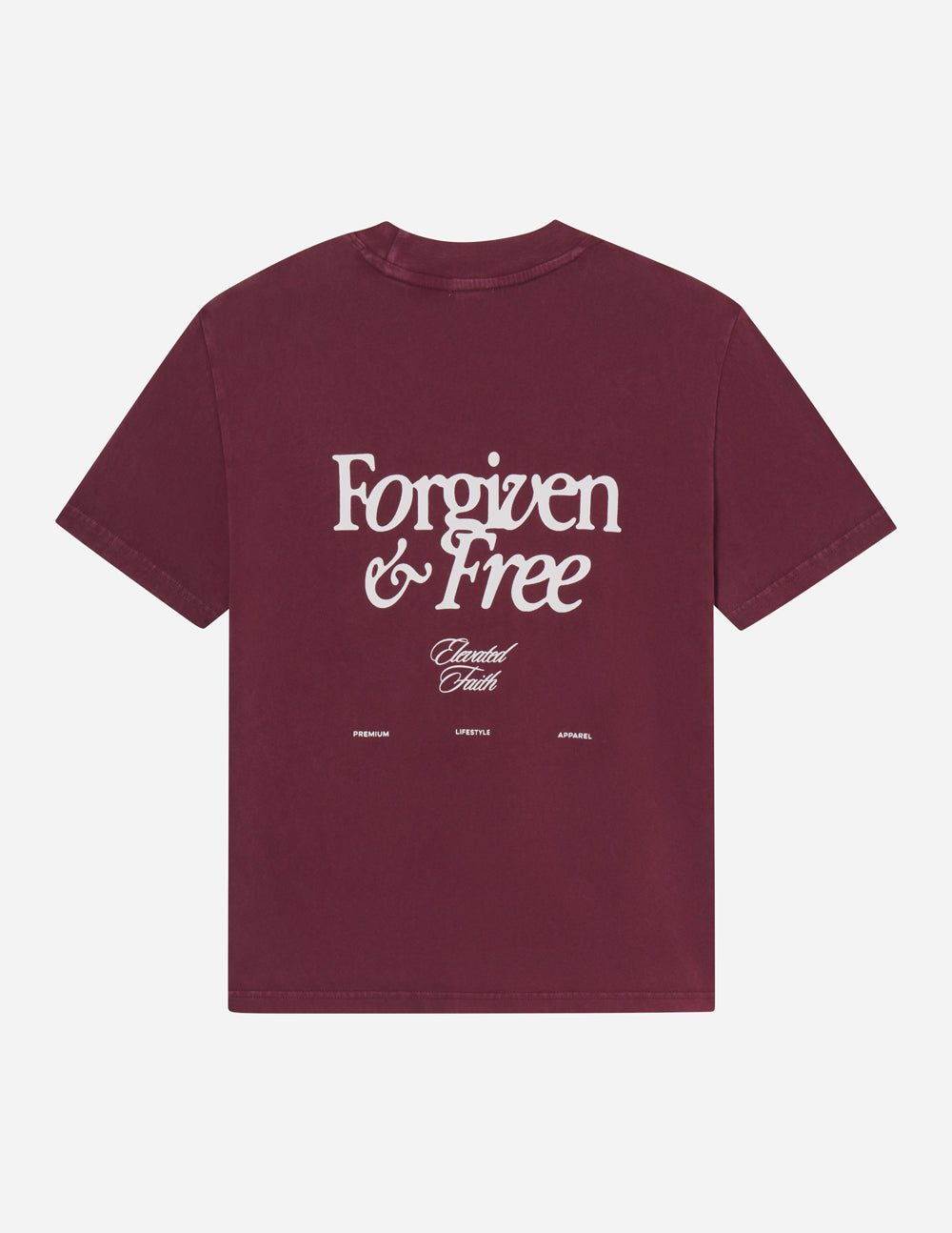 Elevated Faith Christian Apparel T-Shirt in maroon with 'Forgiven & Free' graphic on the back