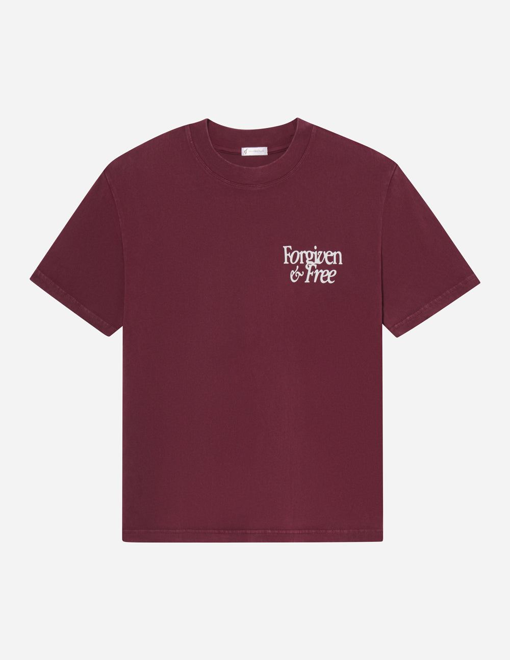 Burgundy Elevated Faith Christian Apparel T-Shirt with 'Forgiven & Free' text design
