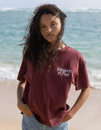 Elevated Faith Christian Apparel T-Shirt in Burgundy with 'Forgiven & Free' Design on Beach