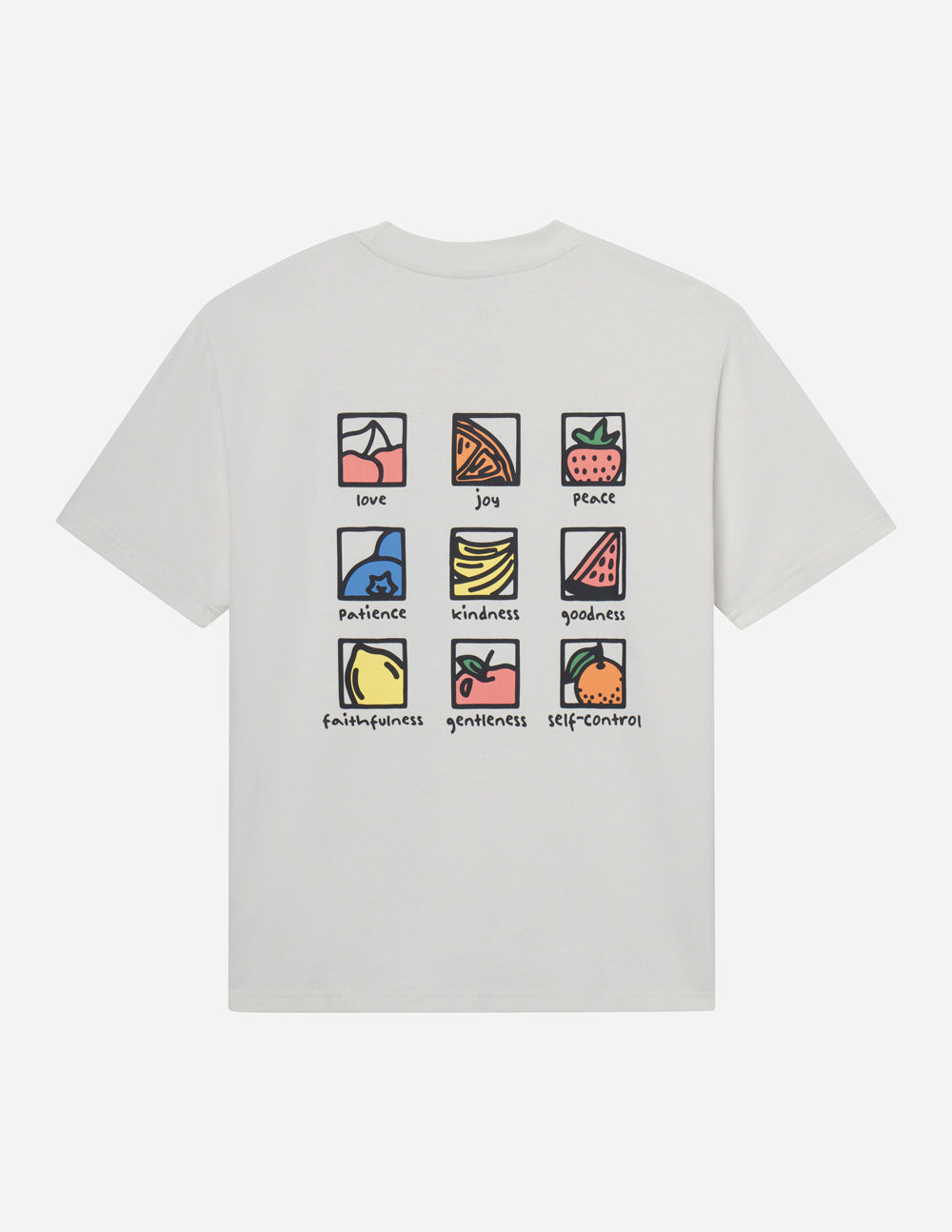 Elevated Faith Christian Apparel T-Shirt featuring colorful squares with positive virtues on the back