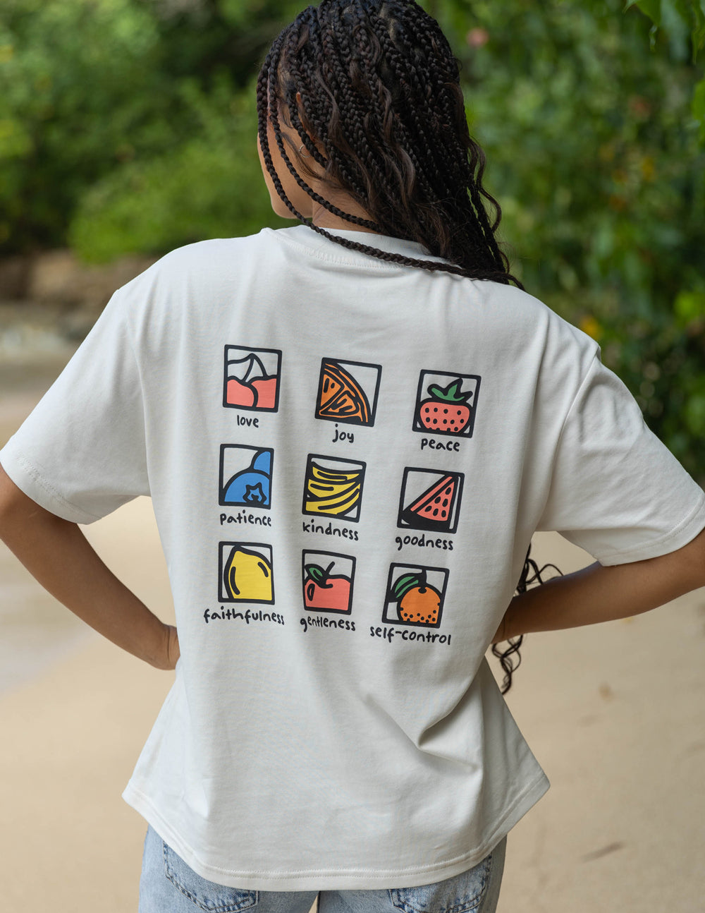 Elevated Faith Christian Apparel T-Shirt with graphic of virtues and fruits of the spirit on the back