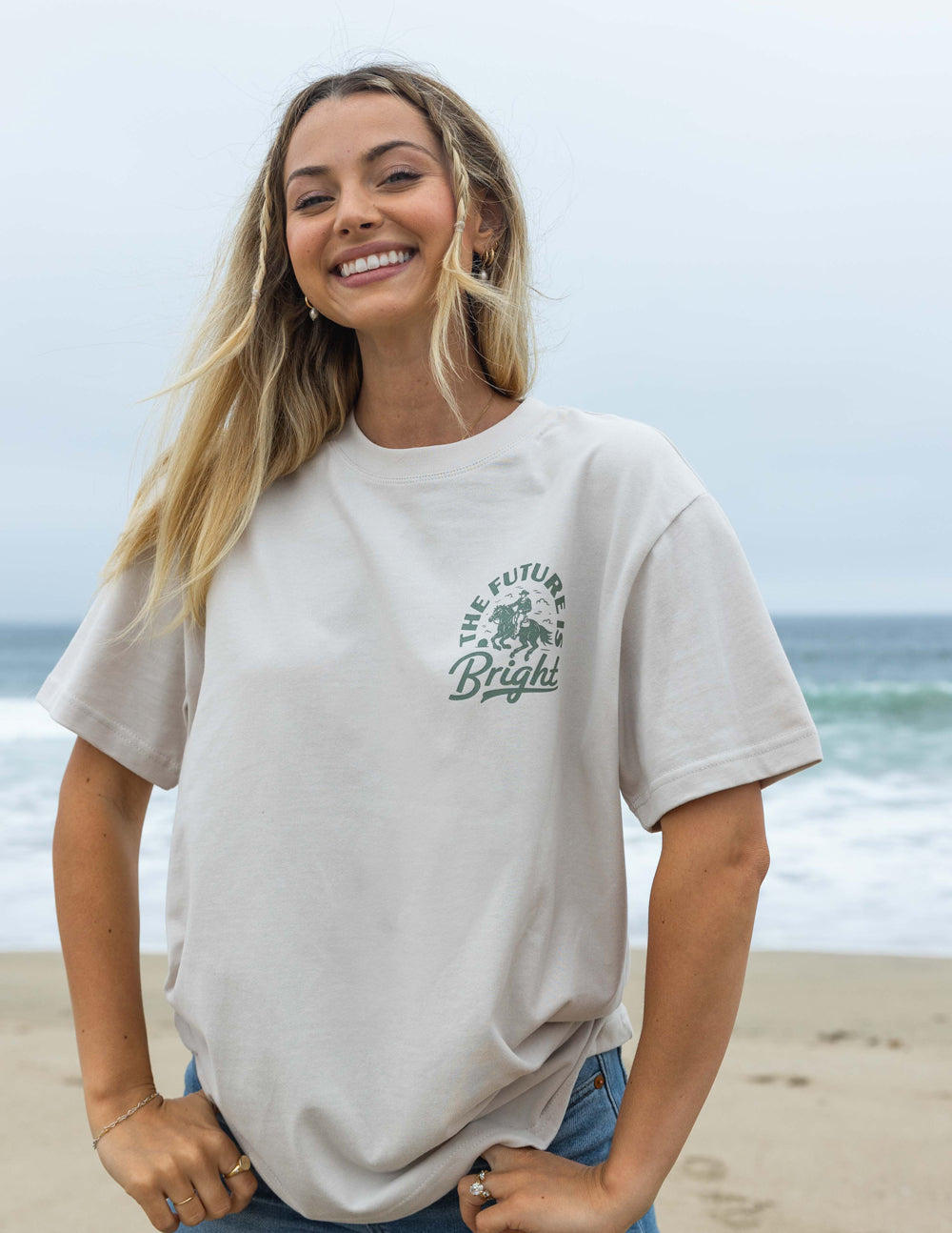 Beige Elevated Faith Christian Apparel T-Shirt with 'The Future is Bright' graphic design