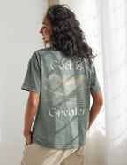 Elevated Faith Christian Apparel T-Shirt featuring 'God is Greater' design on back in muted green