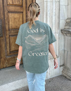 Elevated Faith Christian Apparel T-Shirt featuring 'God is Greater' design on the back