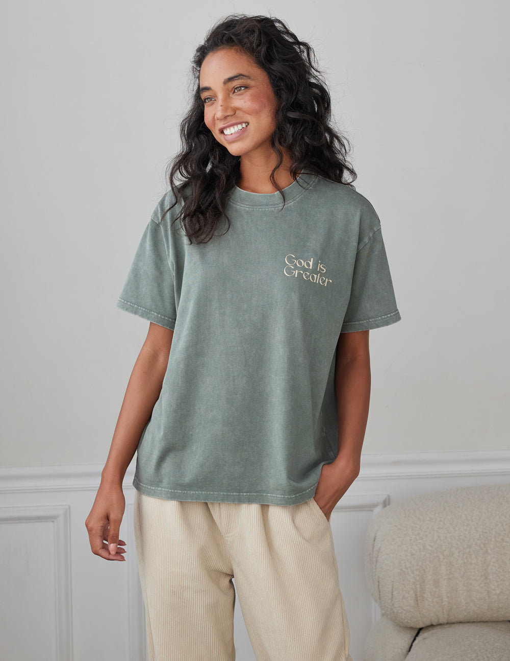 Elevated Faith God is Creator Christian Apparel T-Shirt in soft green color for casual wear