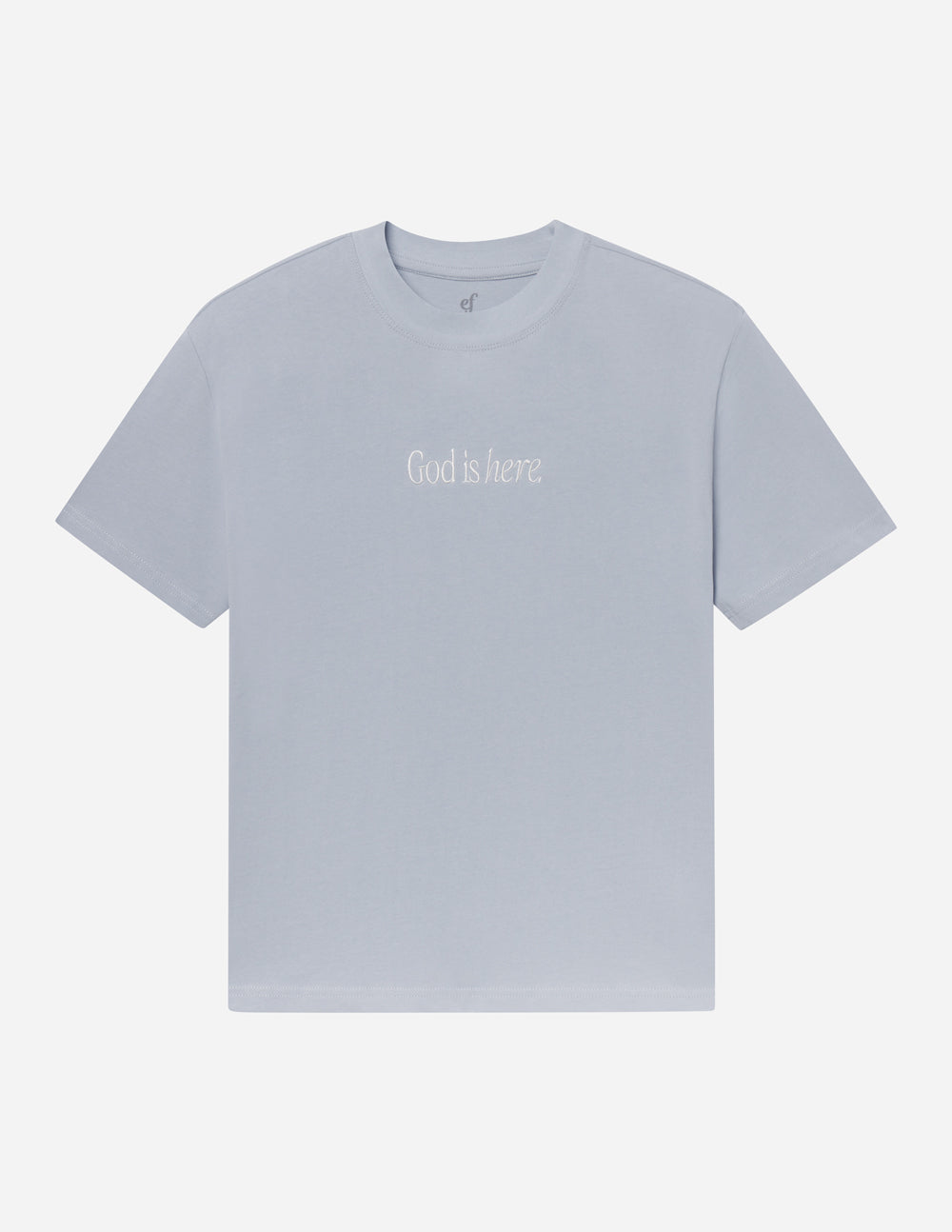 Light blue Christian Apparel T-Shirt with the text 'God is here' for everyday wear