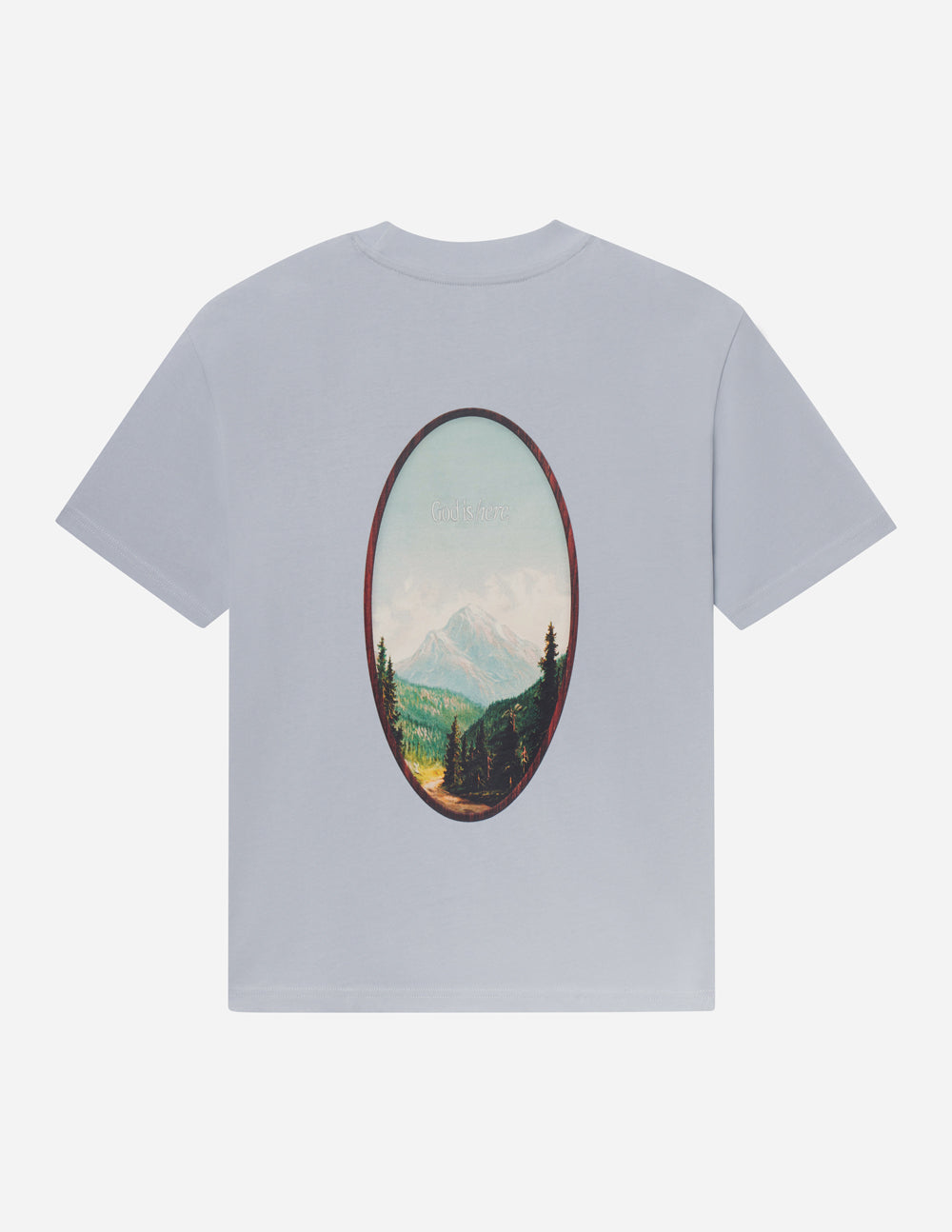 Elevated Faith Christian Apparel T-Shirt in light blue featuring a scenic mountain design on the back