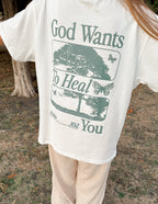 Elevated Faith Christian Apparel T-Shirt featuring the message 'God Wants To Heal You' with nature design